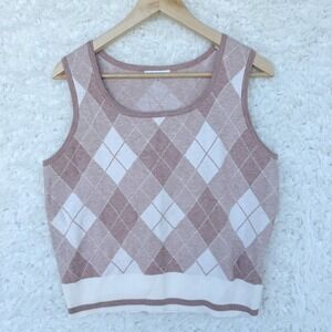Sioni Women's Argyle Knit Sweater Vest Tank Top Size L Beige Brown Preppy‎ Work